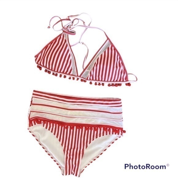 High Waisted Striped Full Coverage Triangle Bikini - Picture 1 of 10